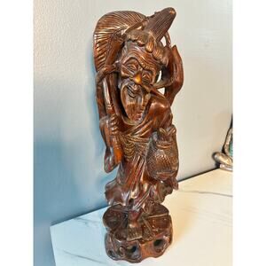 Hand-Carved Vintage Asian Fisherman Sculpture Signed Artisan Carving Hardwood